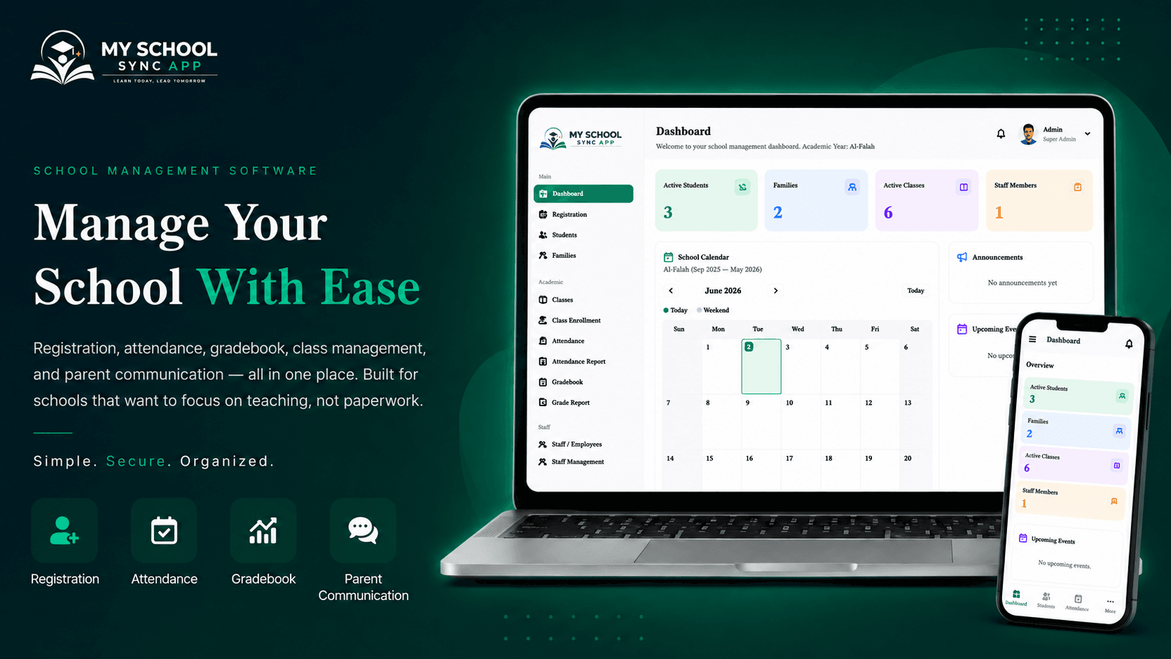 MySchoolSync platform dashboard showing attendance tracking, gradebook, and parent communication
